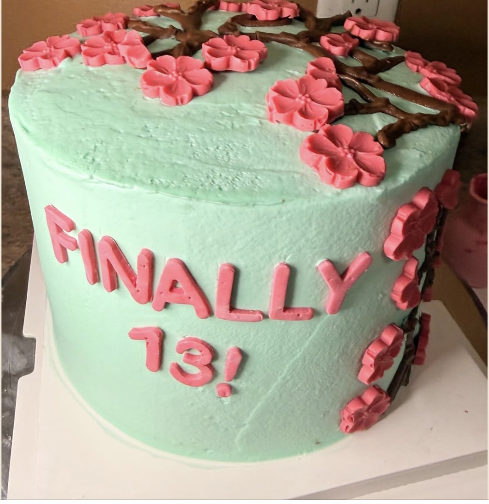 Mint green cherry blossom celebration cake